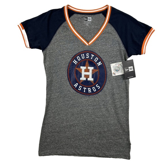 Houston Astros Shirt Womens Medium Gray Navy MLB Baseball Rhinestone New Era NWT - Picture 1 of 12